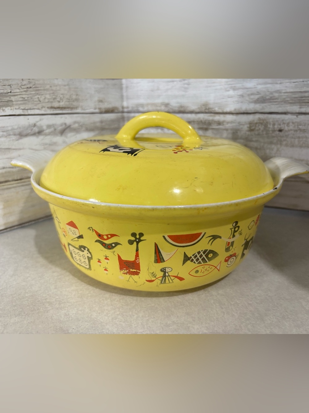 Colourful mid century enamel pot made in Belgium